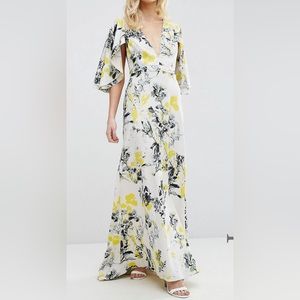 ASOS Petite Maxi Dress Women Size 00 Deep Ruffle Cape Plunge Floral